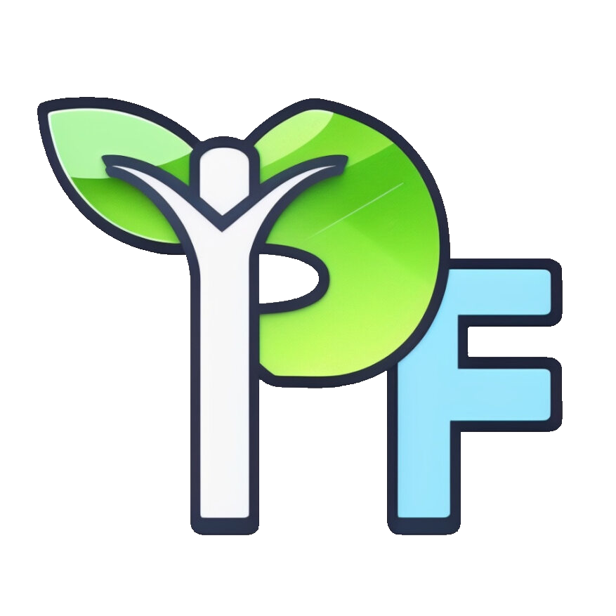 Our Logo: A green leaf and a person forming the P in PF alongside a blue F, representing growth and sustainability.