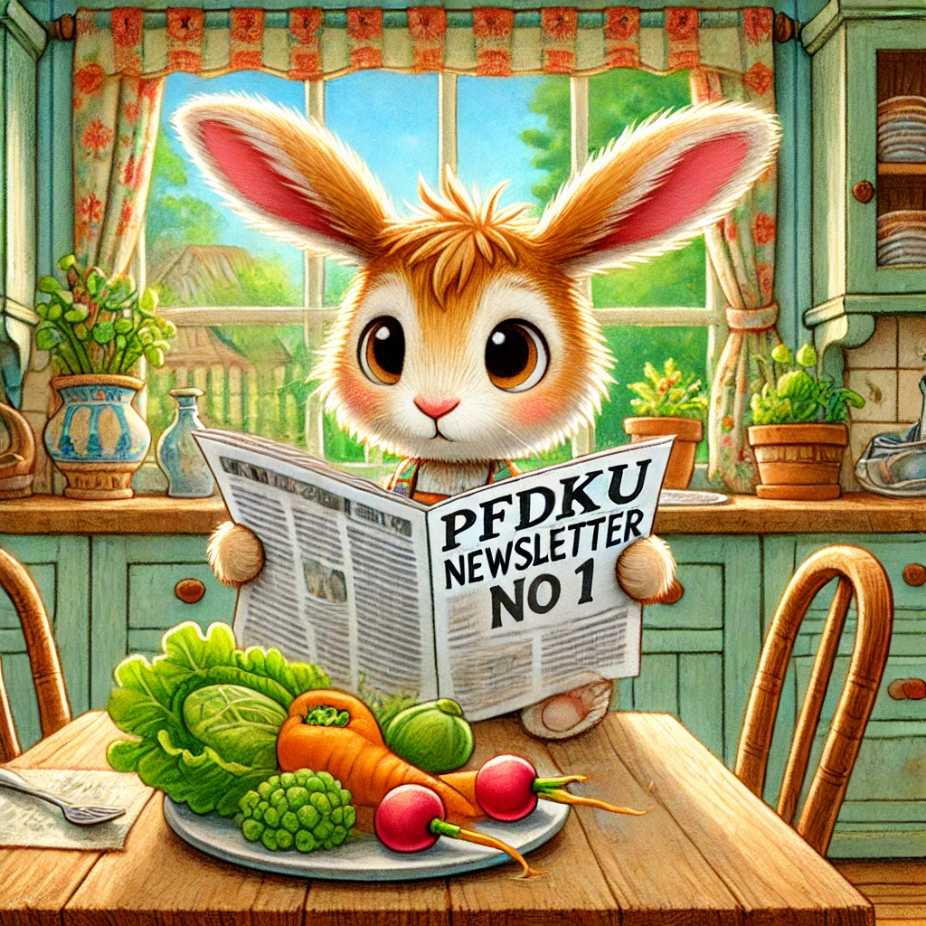 Bunny reading a PFDKU newsletter