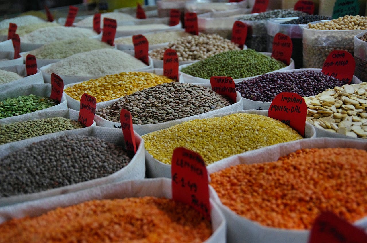 Colourful legumes at a market. Photo by Viktor Smith